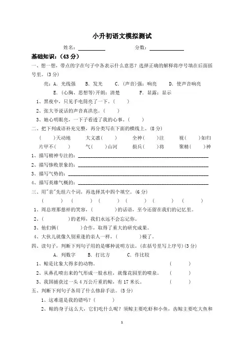 2014年春小升初语文模拟测试卷及答案(2)