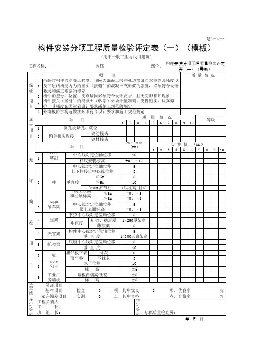 构件安装分项工程质量检验评定表(一)(模板)