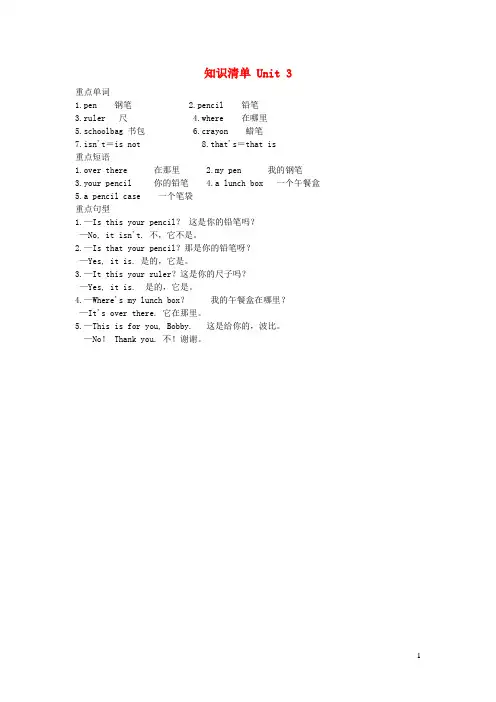 三年级英语下册Unit3Isthisyourpencil知识梳理新版牛津译林版