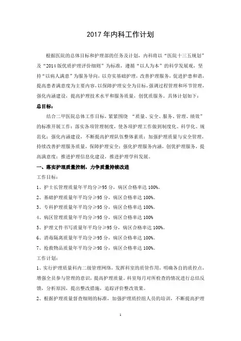 2017内科护理工作计划