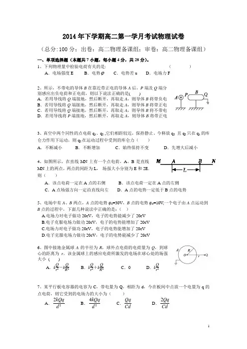 2014年下学期高二第一学月物理测试卷