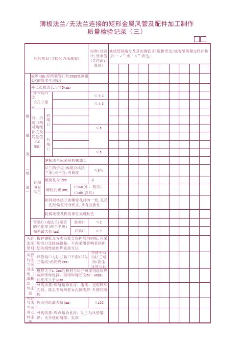 薄板法兰无法兰连接的矩形金属风管及配件加工制作质量检验记录