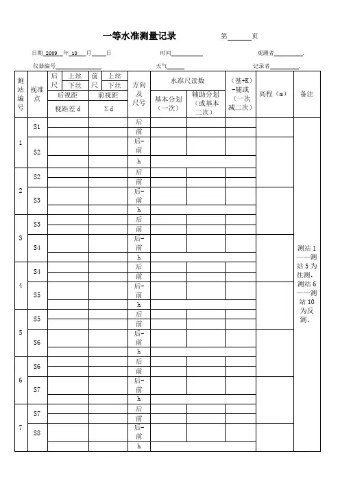 一级水准测量记录单