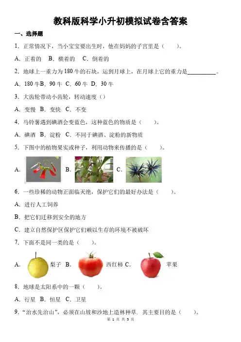 教科版科学小升初模拟试卷含答案