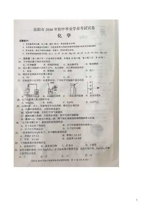 湖南省岳阳市2016年中考化学真题试题(扫描版,无答案)