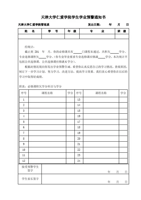 天津大学仁爱学院学生学业预警通知书