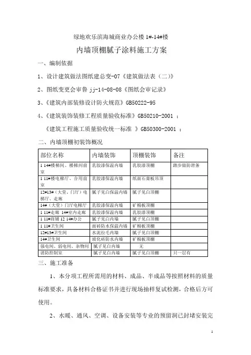 内墙顶棚腻子涂料施工方案