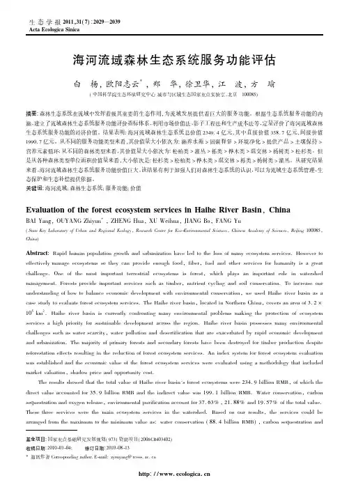 海河流域森林生态系统服务功能评估