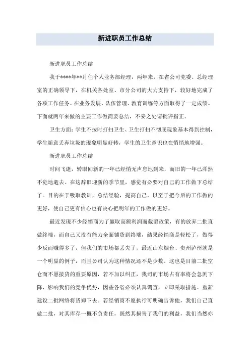 新进职员工作总结
