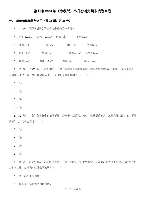 洛阳市2020年(春秋版)小升初语文期末试卷D卷(新版)