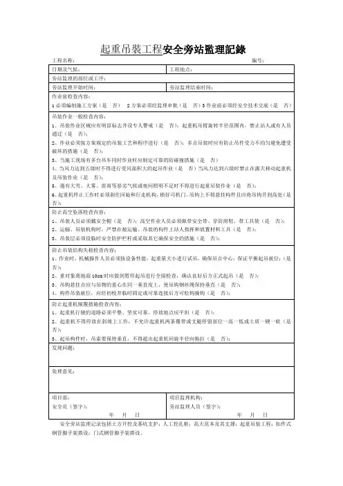 起重吊装工程安全旁站监理记录