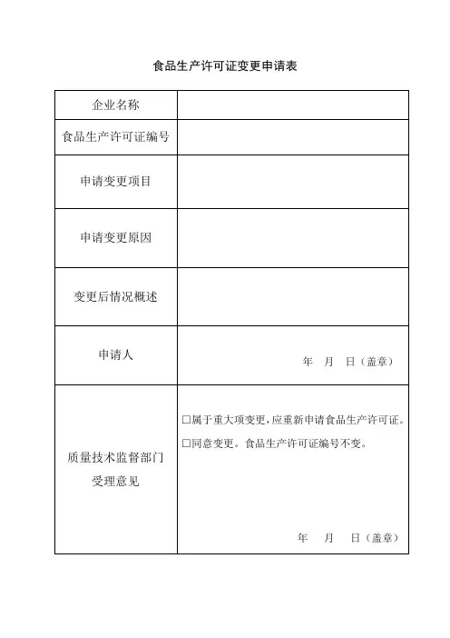 食品生产许可证变更申请表