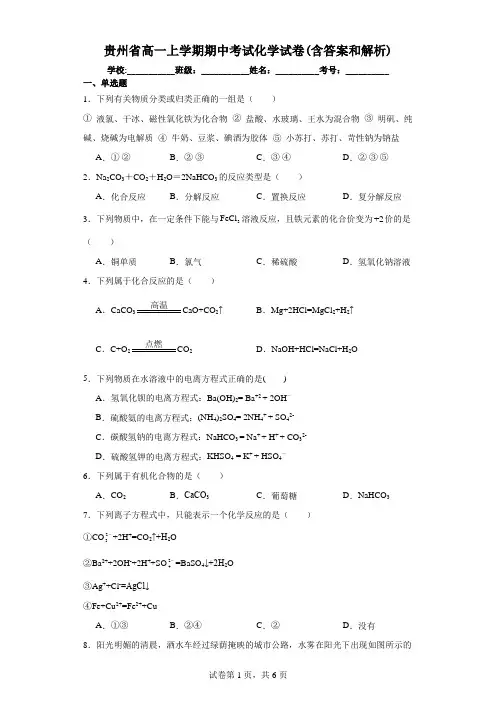 贵州省高一上学期期中考试化学试卷(含答案和解析)