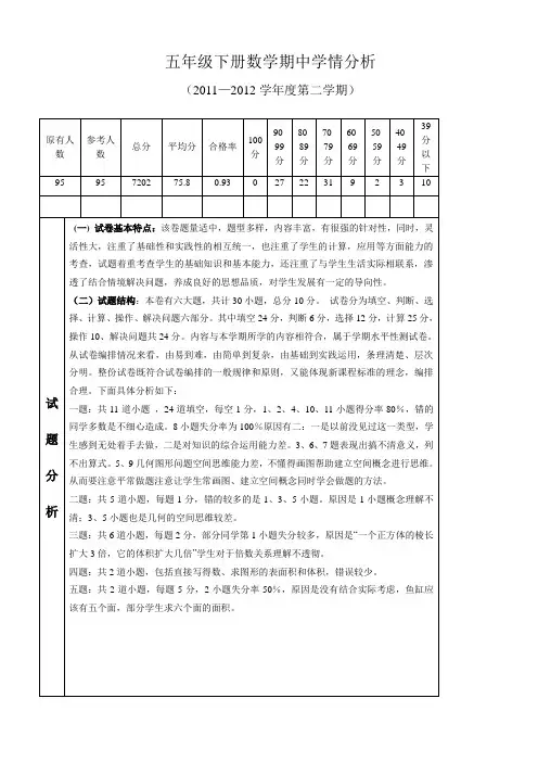 五年级下册数学期中考试试卷分析