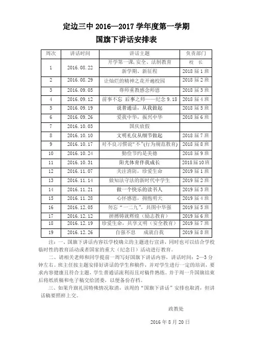 国旗下演讲安排表2016-2017第一学期