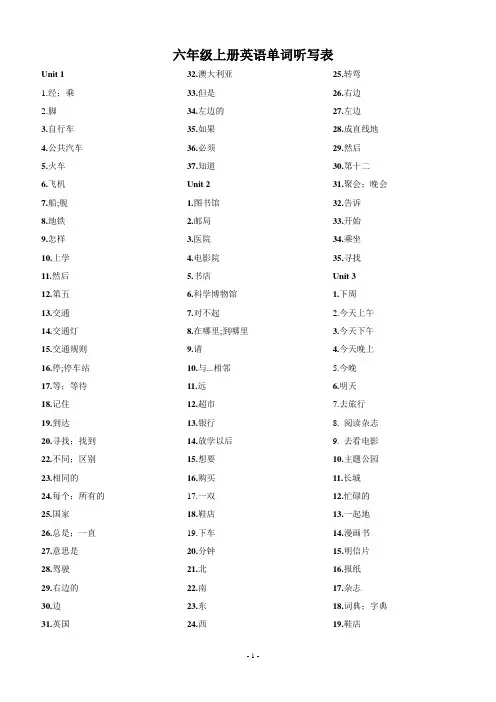 六年级上册英语单词听写表