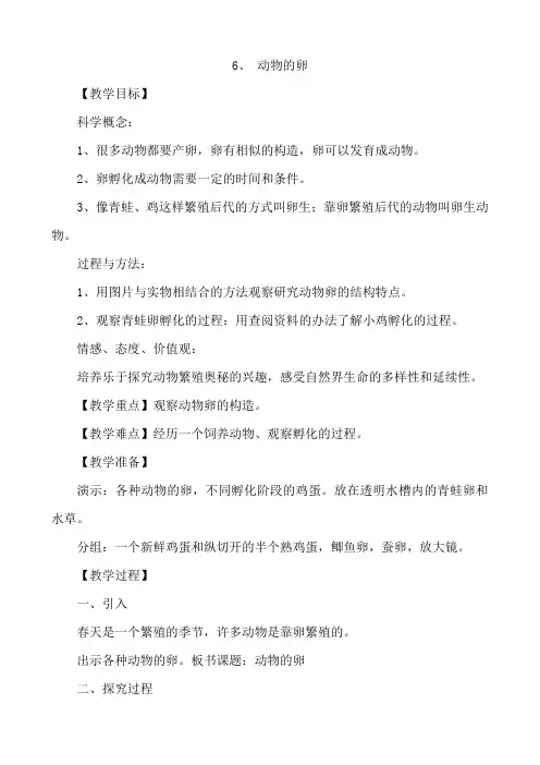 教科版四年级下册科学教案：6、 动物的卵