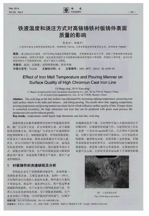 铁液温度和浇注方式对高铬铸铁衬板铸件表面质量的影响