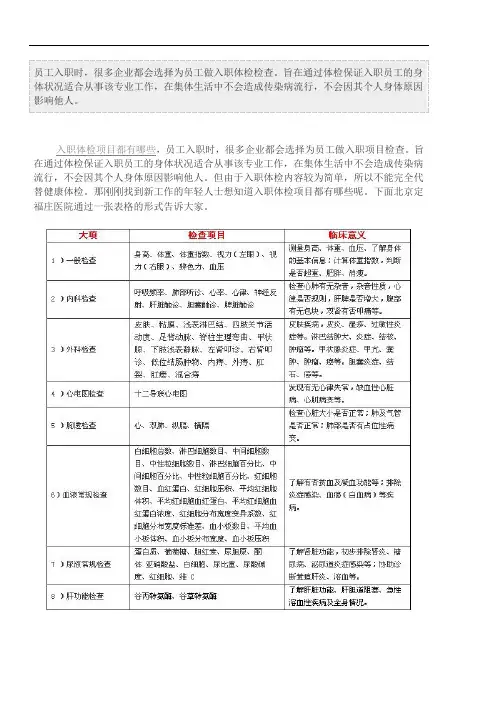 入职体检项目都有哪些