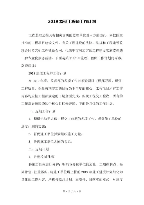 2019监理工程师工作计划