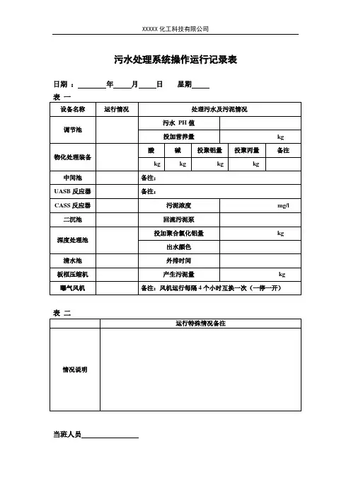 污水处理运行记录表