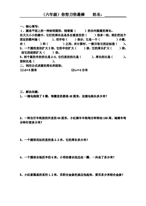 六年级数学圆的周长和面积练习题