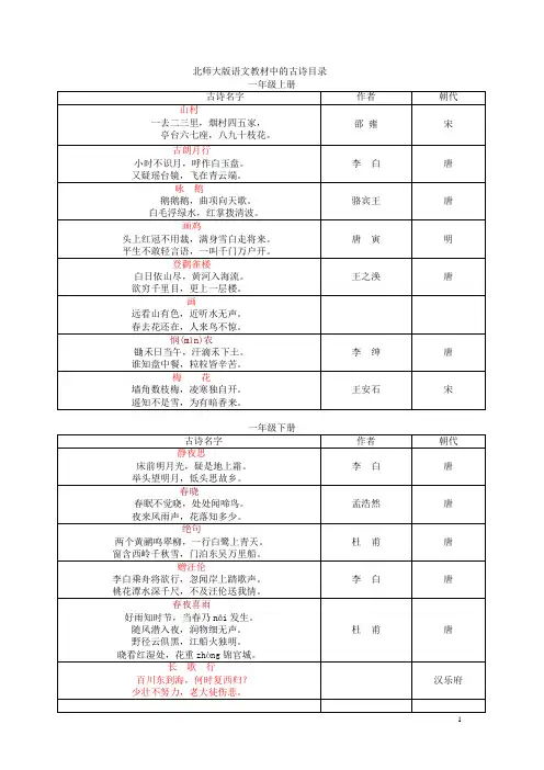 北师大版各册古诗