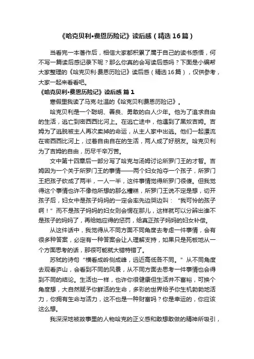 《哈克贝利·费恩历险记》读后感（精选16篇）