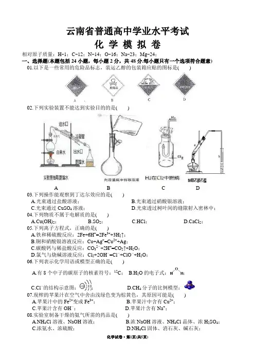 云南省会考化学【模拟1】