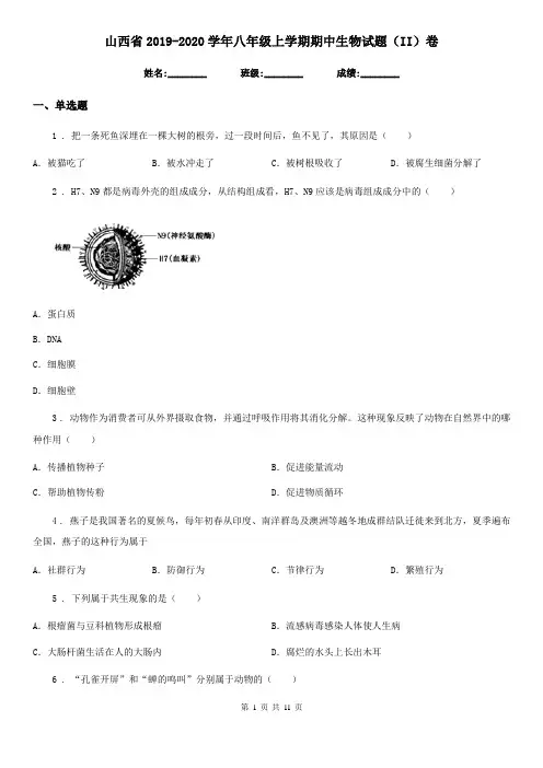 山西省2019-2020学年八年级上学期期中生物试题(II)卷