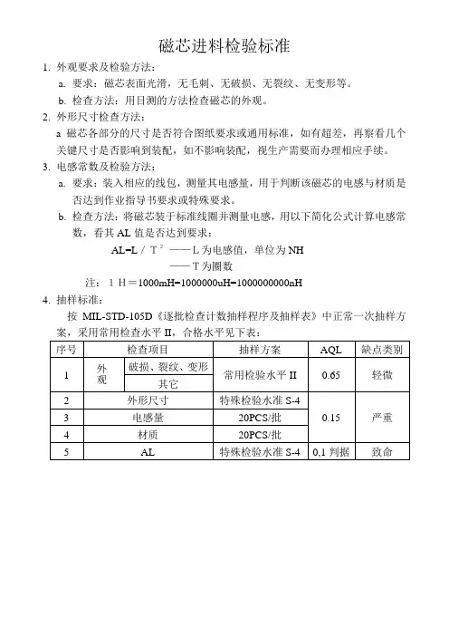 磁芯进料检验标准