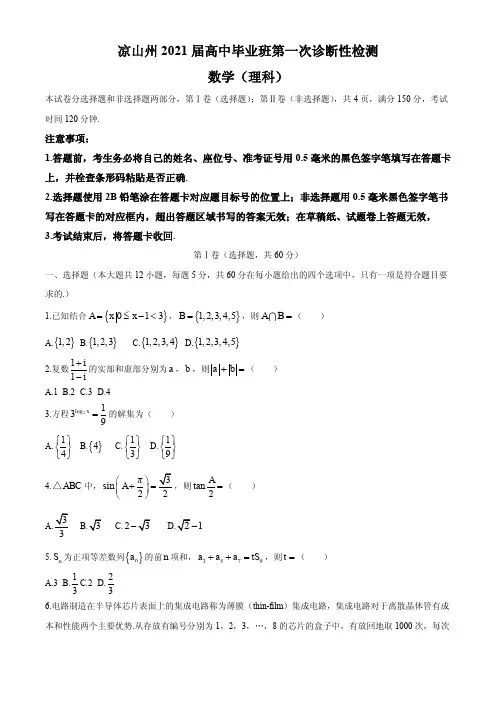 2021届四川省凉山州高三上学期第一次诊断性检测数学(理科)试题 PDF版