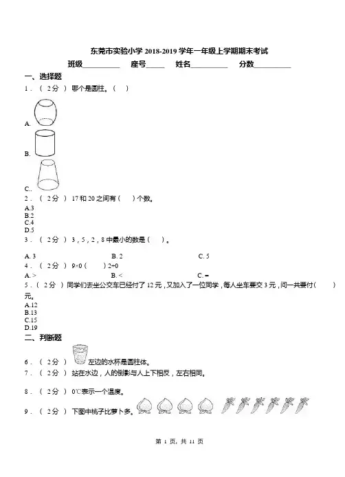 东莞市实验小学2018-2019学年一年级上学期期末考试