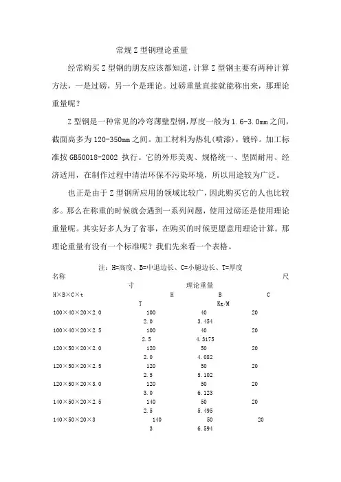 常规Z型钢理论重量