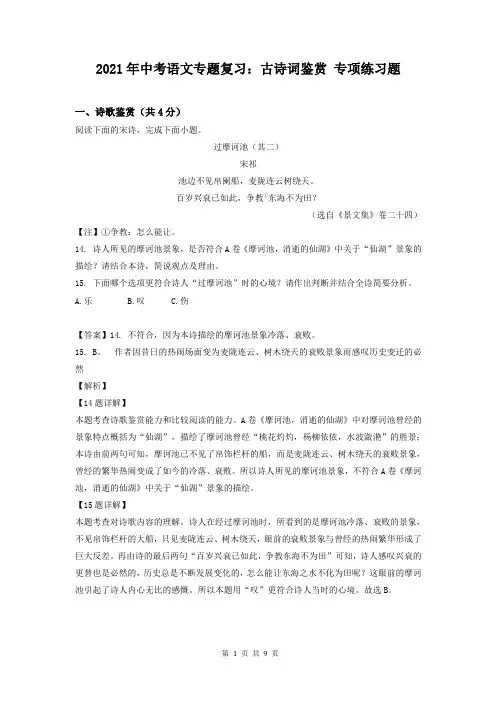 2021年中考语文专题复习：古诗词鉴赏 专项练习题(含答案) (2)