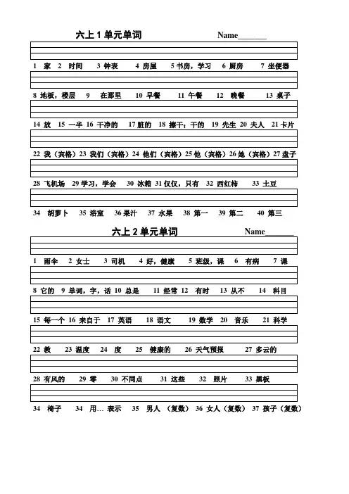 六年级英语1-2单元单词默写