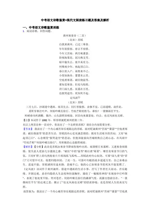 中考语文诗歌鉴赏+现代文阅读练习题及答案及解析