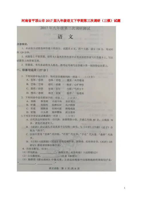 河南省平顶山市2017届九年级语文下学期第三次调研三模试题 精