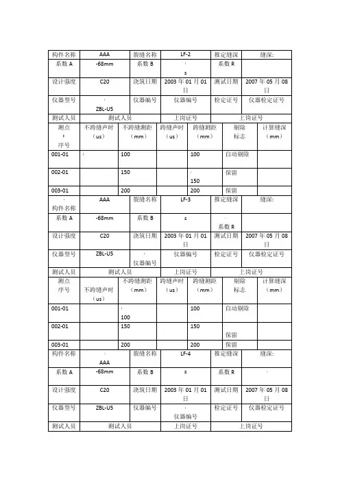 超声波检测混凝土裂缝深度原始记录表