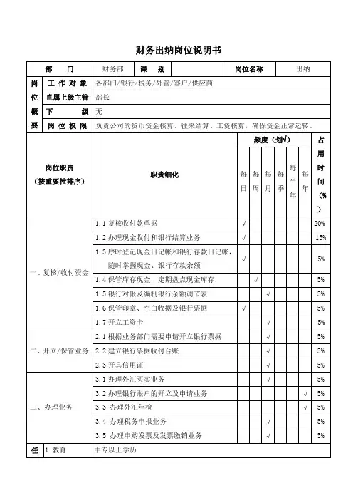 财务出纳岗位职责及工作内容