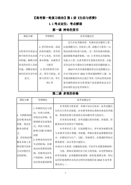 【高考第一轮复习政治】第1讲《生活与消费》1.1考点定位：考点解读