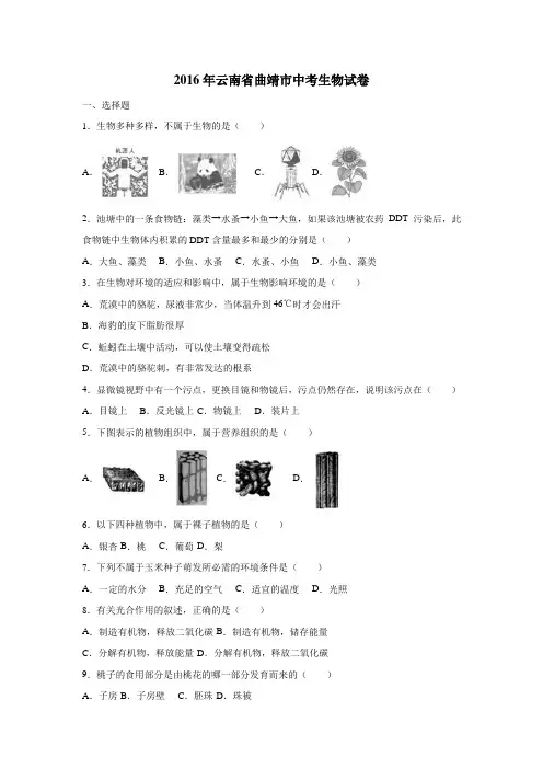 云南省曲靖市2016届中考生物试卷(附解析)$796108