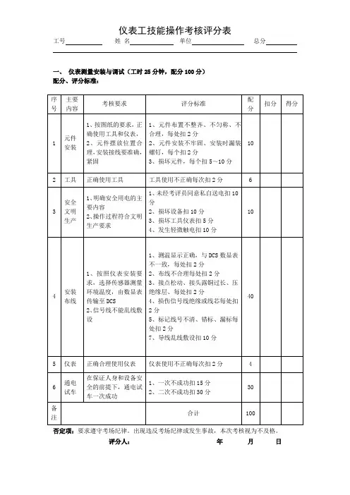 仪表工操作考核评分表