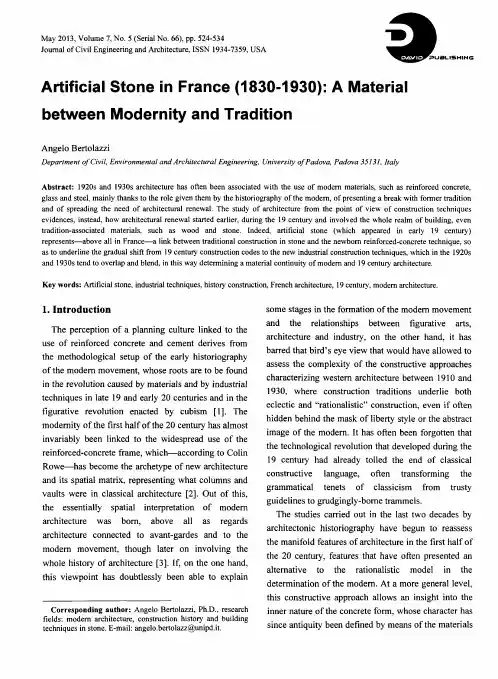 Artificial Stone in France (1830-1930): A Materialbetween Modernity and Tradition
