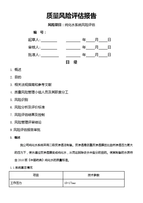 纯化水系统系统风险评估报告资料