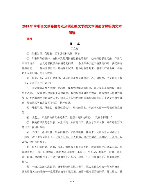 2019年中考语文试卷按考点分项汇编文学类文本阅读含解析