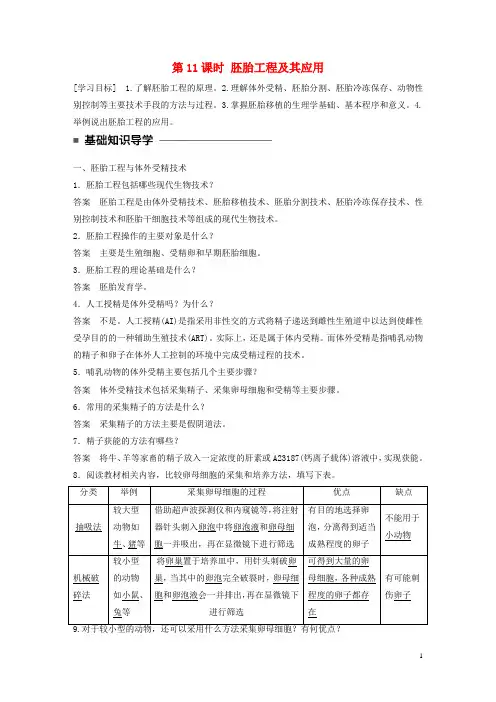 2017_2018高中生物第三章胚胎工程第11课时胚胎工程及其应用学案苏教版选修3