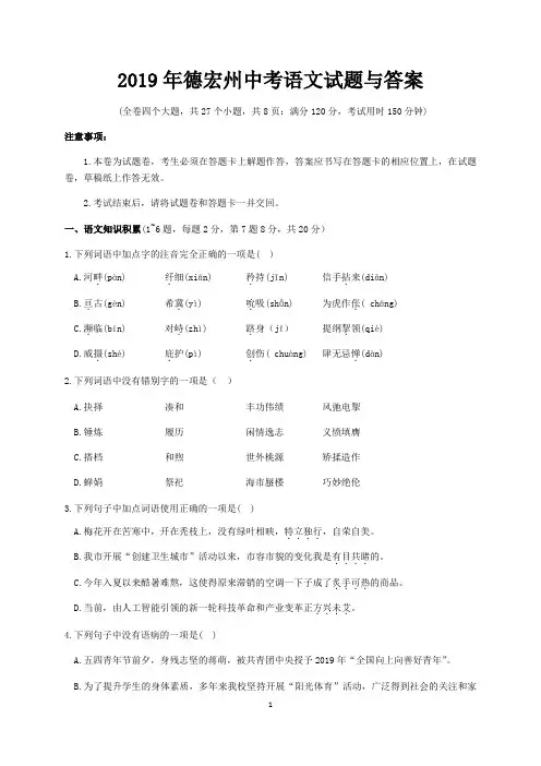 2019年德宏州中考语文试题与答案