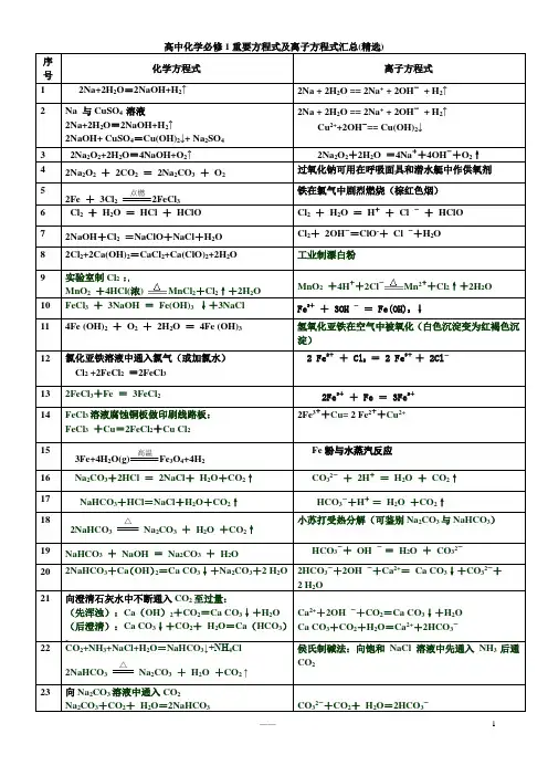 高一化学必修1化学方程式及离子方程式汇总