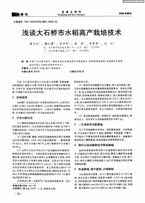 浅谈大石桥市水稻高产栽培技术